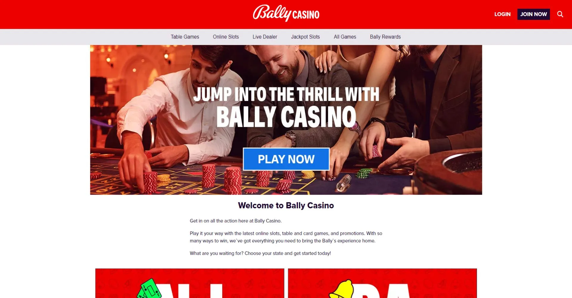 Screenshot of bally casino landing page