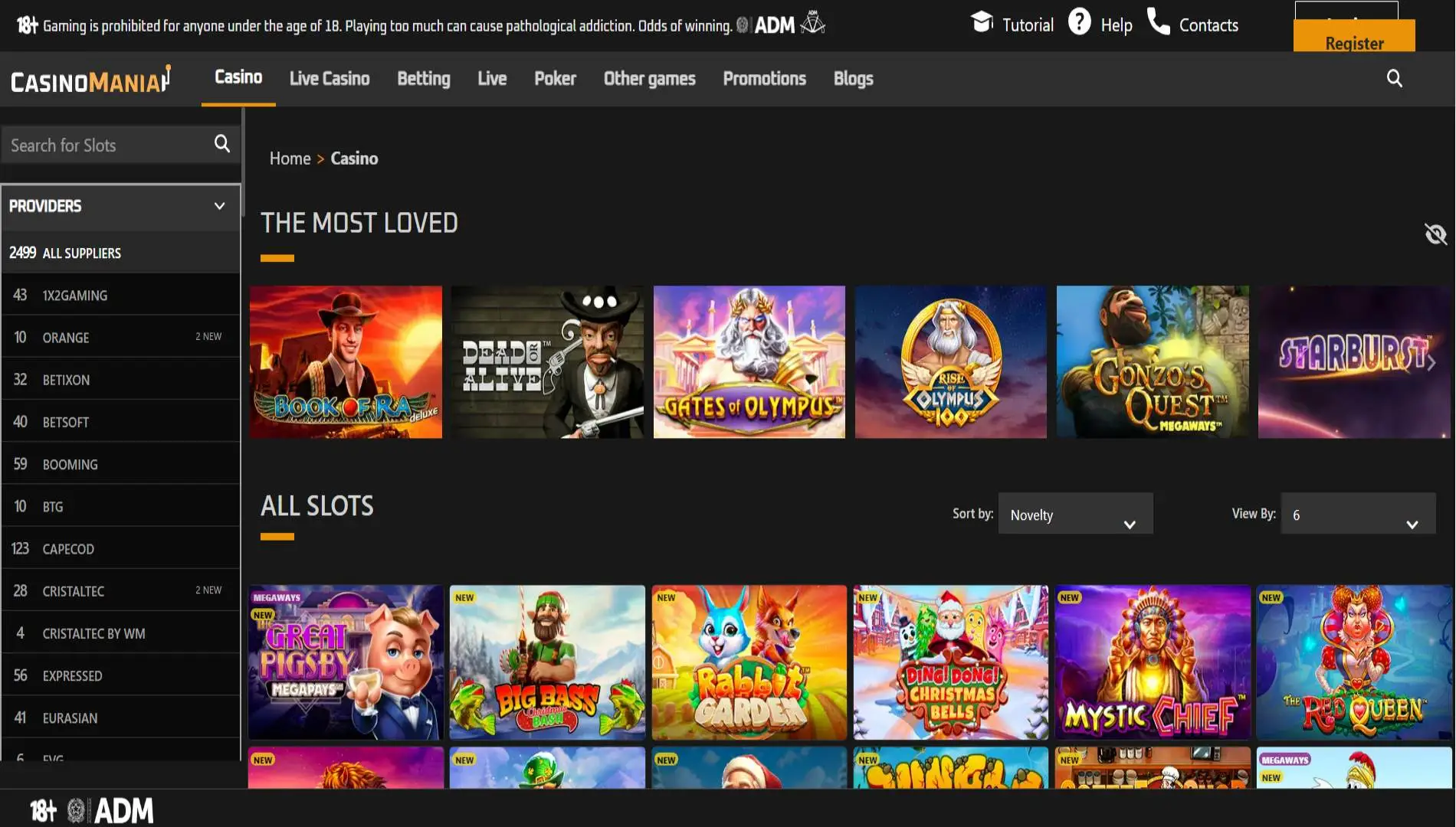 Screenshot of Casino Mania landing page