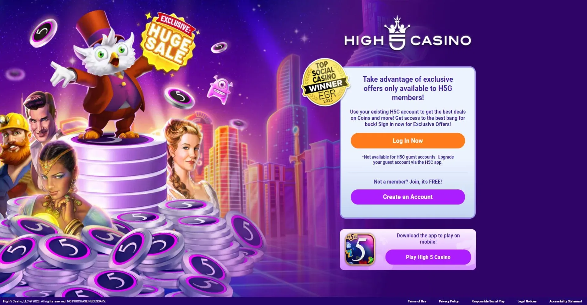 Screenshot of high 5 casino landing page
