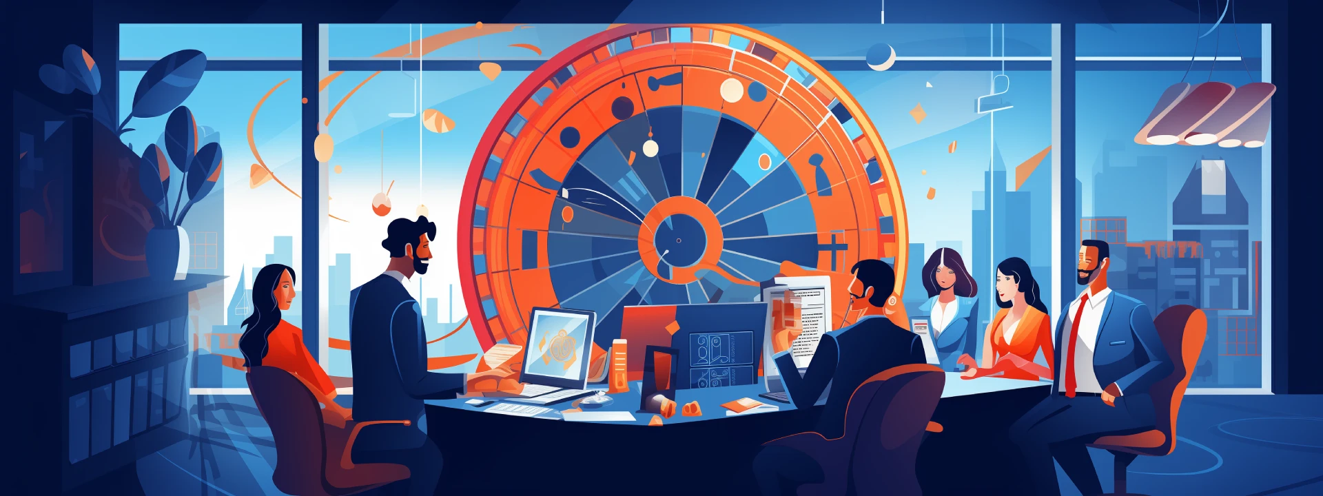 People chatting in a office with a casino wheel in background