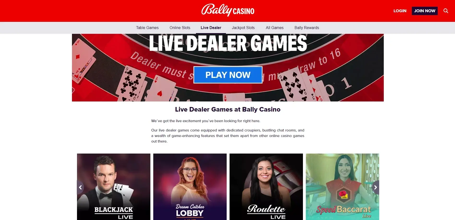 Screenshot of live games on Bally Casino.