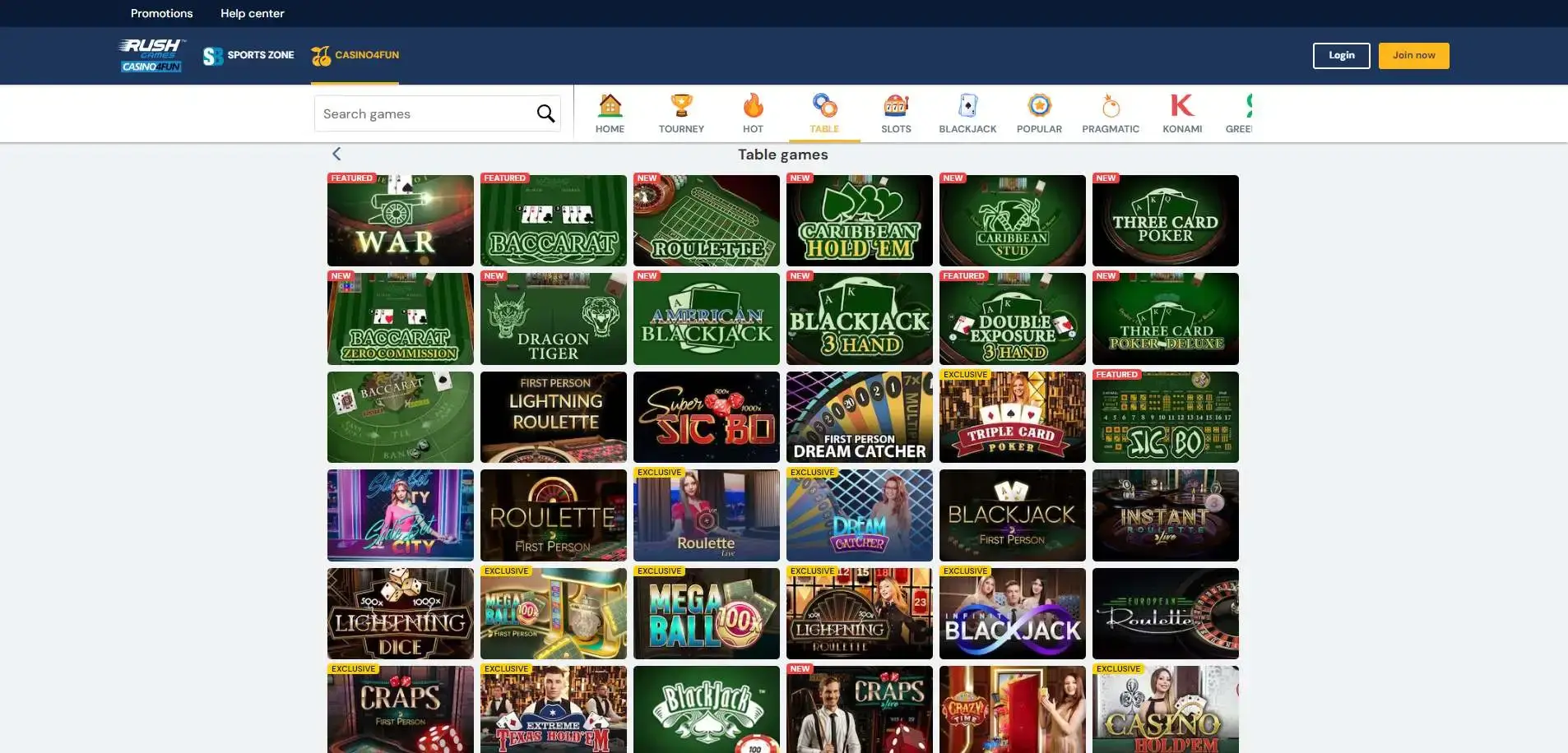 Screenshot of live games on Casino Rush.