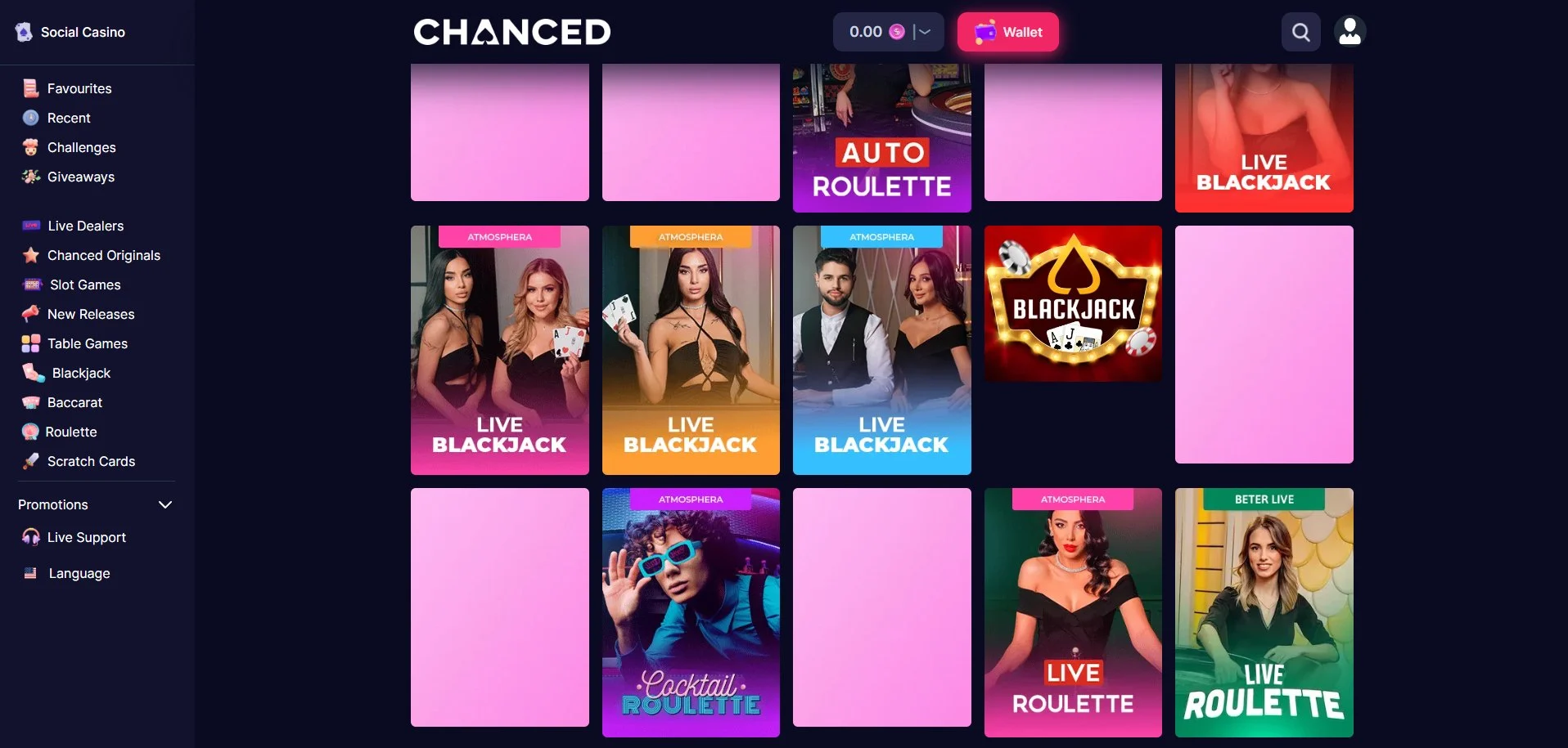 Screenshot of Chanced Casino live games.