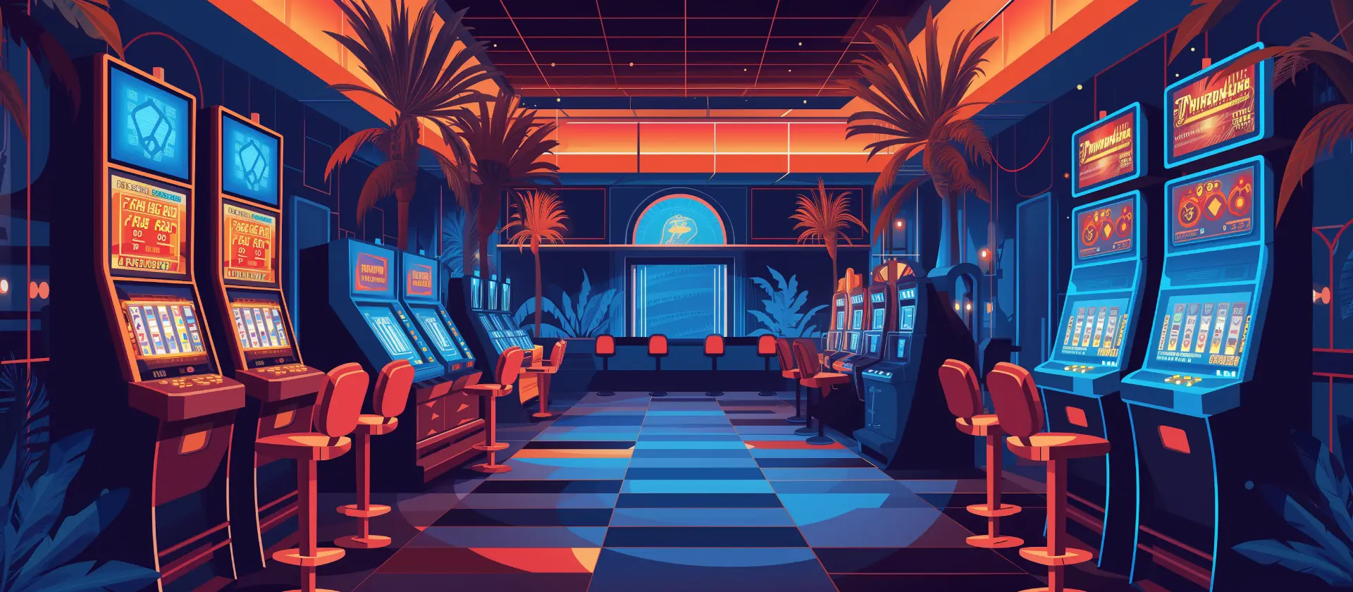 Casino with indoor palm trees in cartoon style