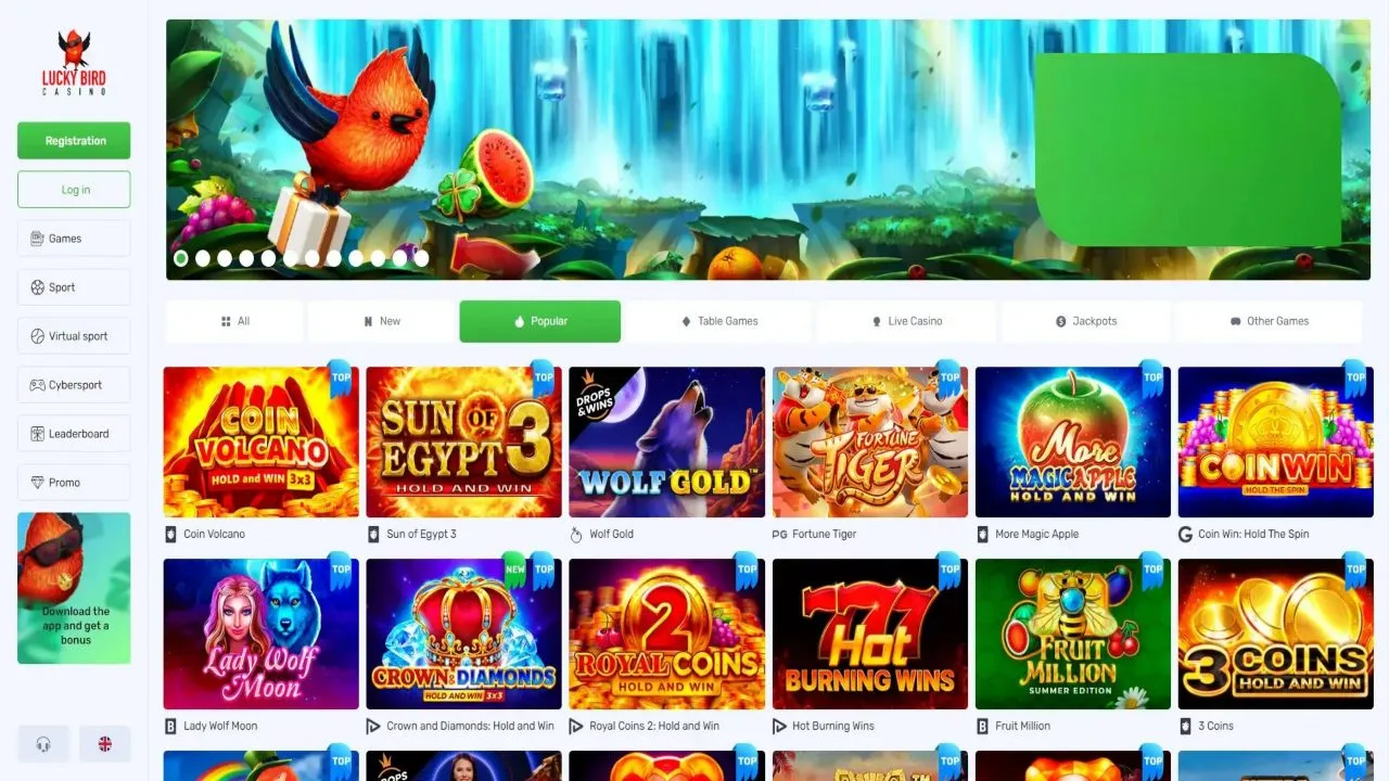 Screenshot of Luckybird casino's landing page