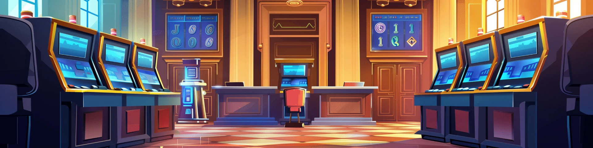 Courthouse with slot machines cartoon banner