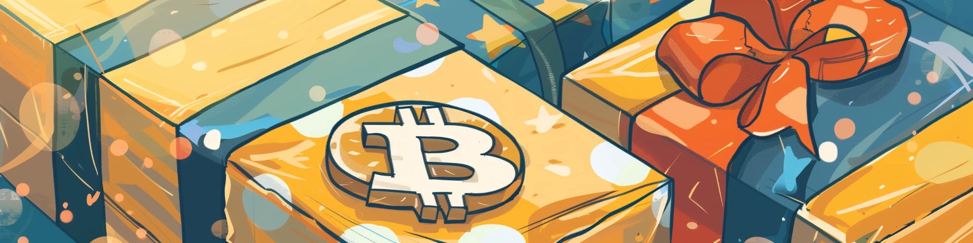 Gift with Bitcoin logo cartoon banner