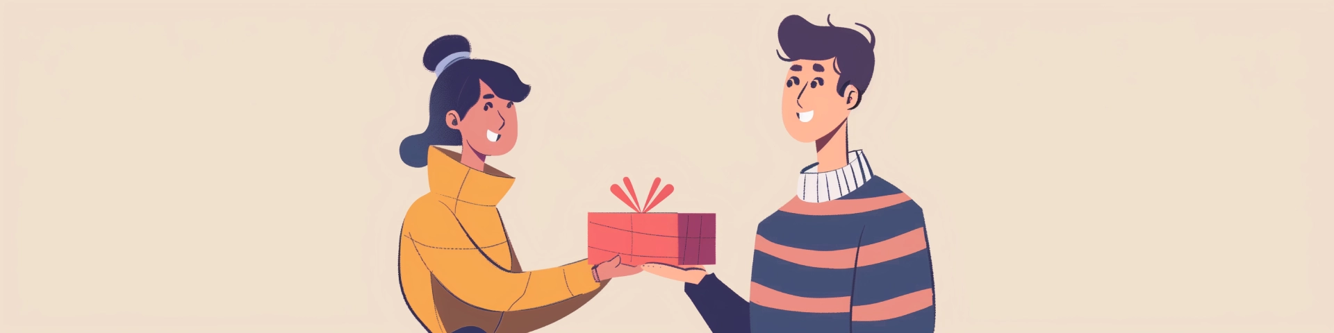 Person giving another person a gift cartoon banner