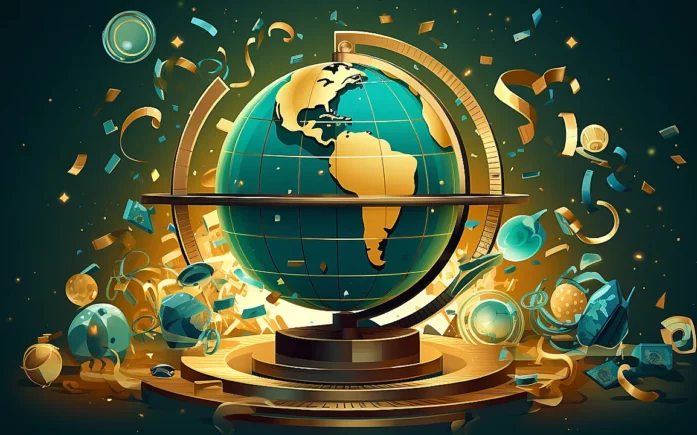 Various sweepstakes casino elements floating around a golden and blue globe